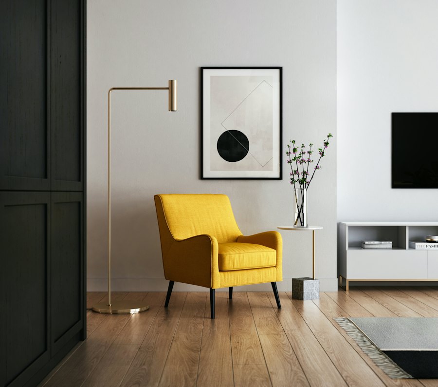 Tidy living room with a yellow armchair